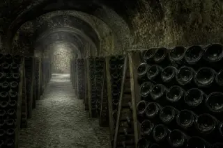 Vaulted Champagne cellar with rows of bottles fermenting in cool, dim light, the stone and green glass evoking patience and tradition.