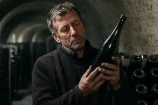 Champagne winemaker inspecting an unlabeled bottle in a dim cellar, surrounded by stone walls and stacked bottles in pupitres