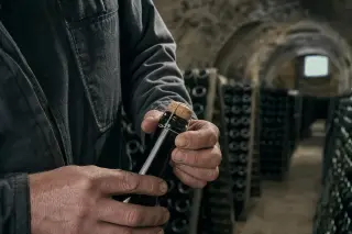 Vigneron’s hands securing a cork onto a champagne bottle in a dim, traditional cellar with rows of bottles in the background.