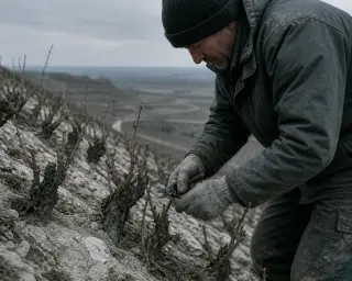 Vigneron pruning vines on a chalky slope in winter under a grey sky, highlighting the bare vines and exposed chalky soil of the Montagne de Reims.
