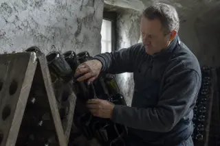 Vigneron manually riddling bottles on wooden rack in a dimly lit chalk-walled Champagne cellar, with rows of tilted bottles and natural cold light.