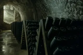 Vigneron pruning grapevines on a steep chalky hillside in Champagne under a gray winter sky with gloved hands and visible chalk in the soil.