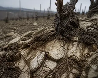 Vigneron pruning vines on chalky soil in Champagne hillside under a grey winter sky