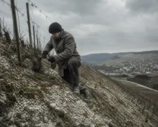 Champagne grower pruning vines on a cold winter hillside under a gray sky, with chalky soil exposed among bare rows