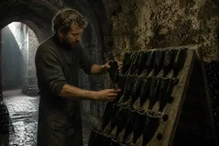 Vigneron turning bottles by hand on a wooden rack in a dim, chalk-walled Champagne cellar.