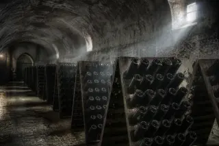 Rows of champagne bottles aging on wooden racks in a cool, dimly lit vaulted cellar, with soft light and a patient artisanal atmosphere.