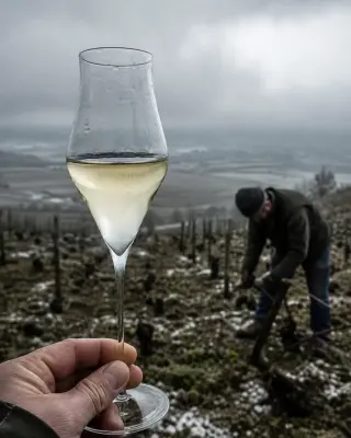 Close-up of a hand-blown tulip glass in the foreground, misty Champagne vineyard and vigneron pruning vines on a cold winter morning in the background.
