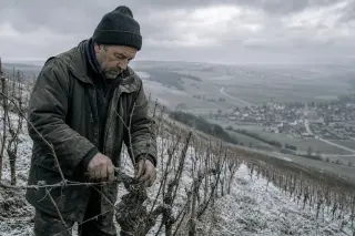 Champagne grower pruning vines alone on a cold, cloudy hillside in winter, with chalky soil and muted green-grey colors.