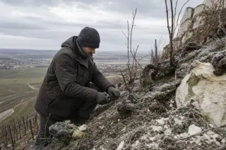 Champagne grower pruning vines on a winter hillside with exposed chalk, under an overcast grey sky, set in the authentic Champagne countryside.